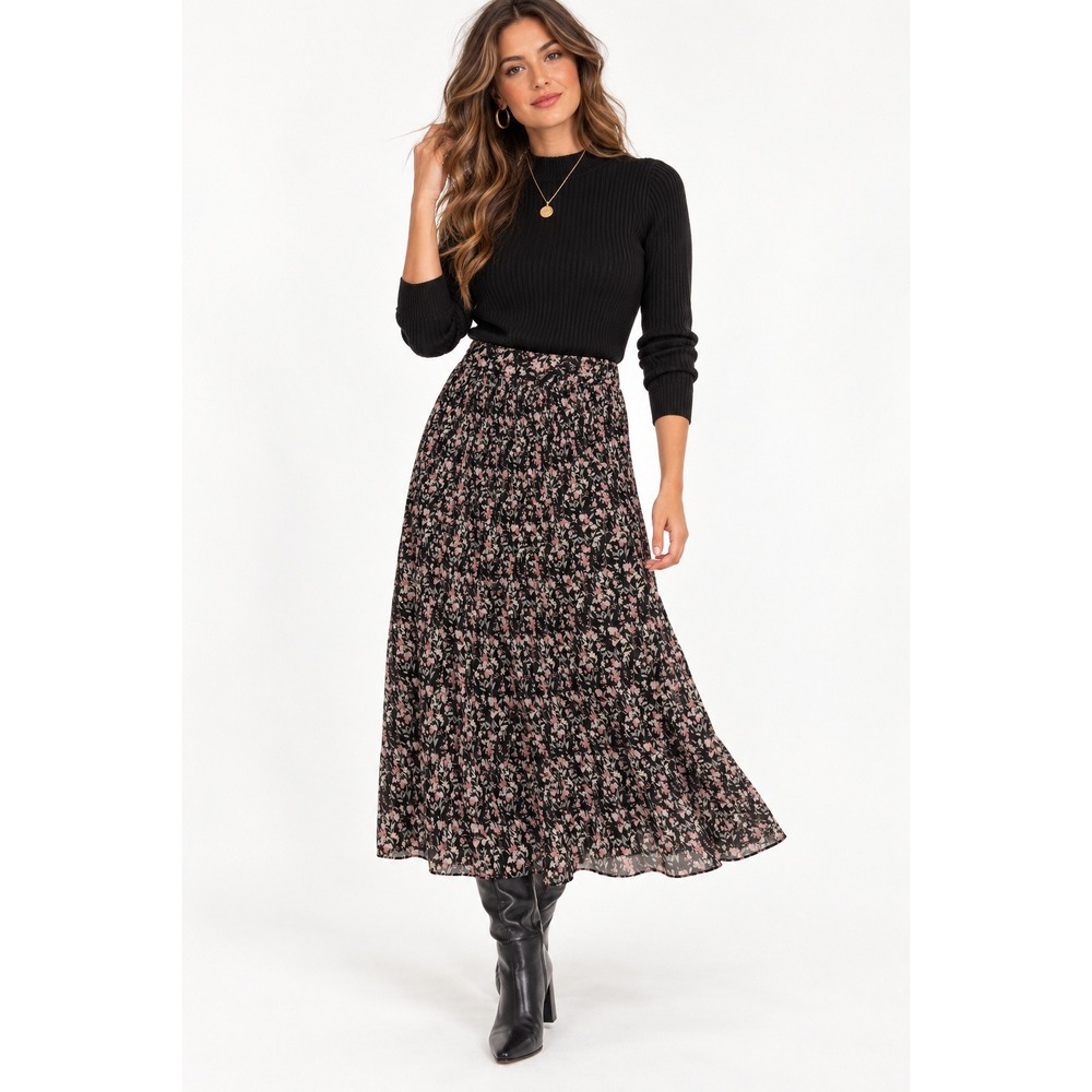 Skies Are Blue Floral Smocked Midi Skirt Black Pink Pleated MP NEW